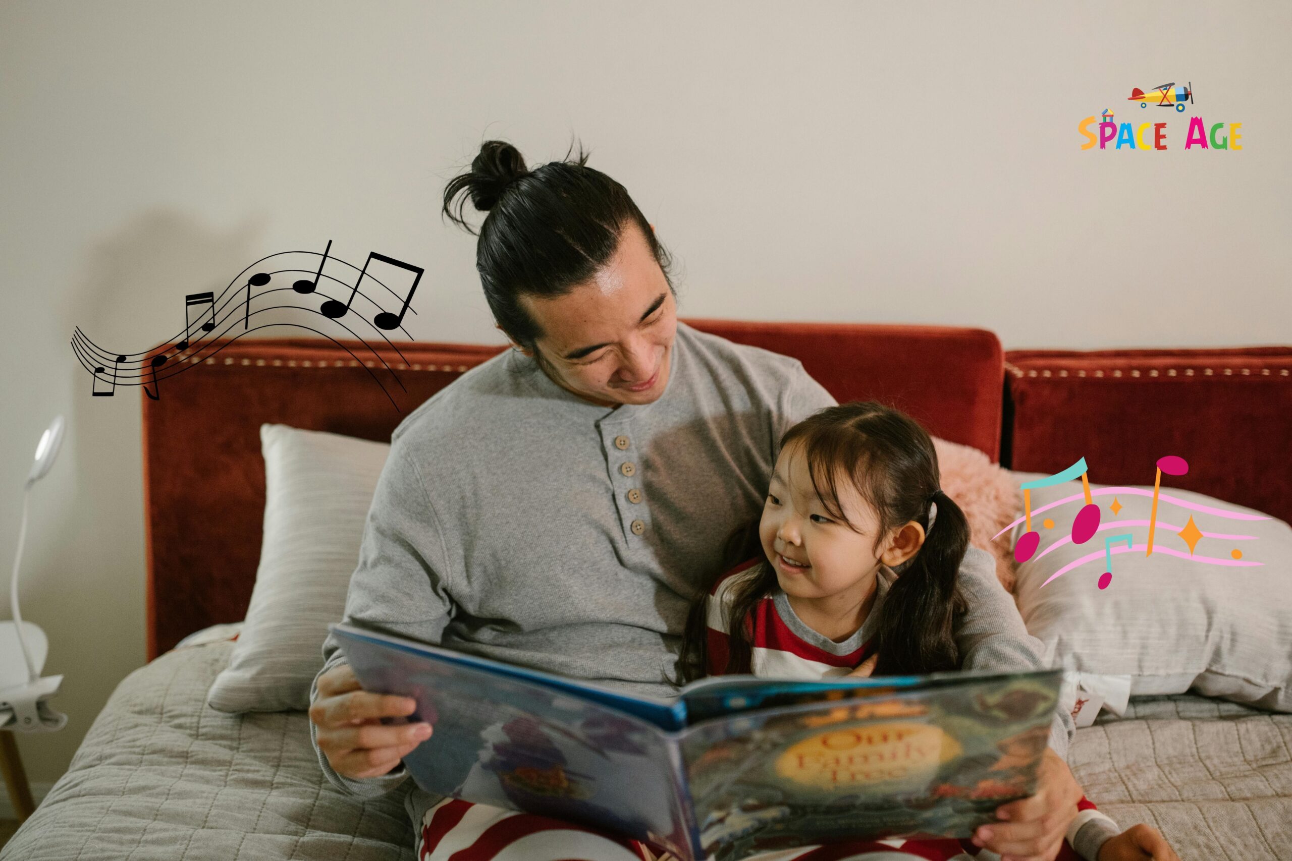 Father teaching nursery rhymes to his daughter with a book, creating a joyful learning moment together.